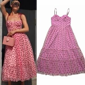 Betsey Johnson Red Velvet Hearts Pink Mesh Tulle Corset Tiered Midi Dress S